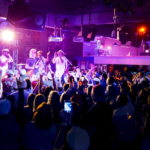 A band performs on a lit stage while a cheering crowd waves and records on phones, with purple concert lights and speakers filling the venue.