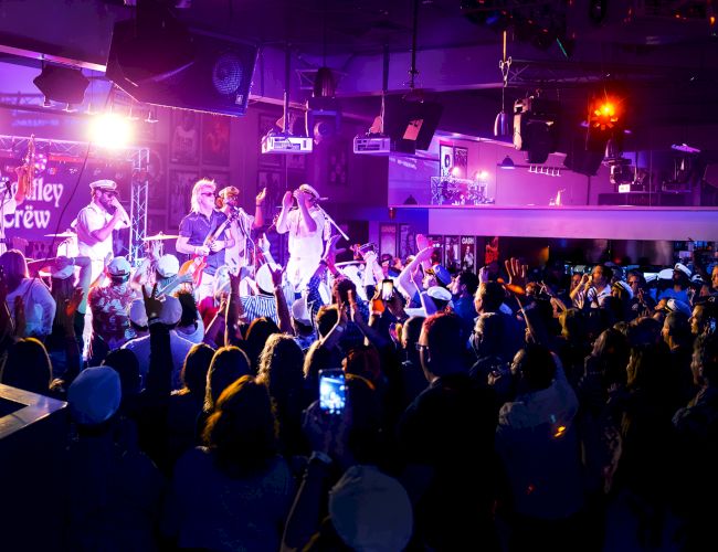 A band performs on a lit stage while a cheering crowd waves and records on phones, with purple concert lights and speakers filling the venue.