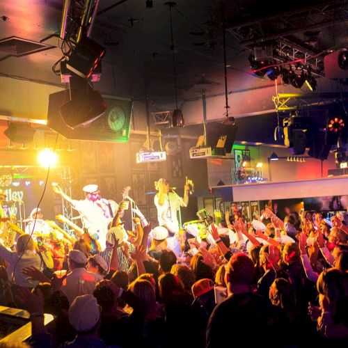 A live rock concert: musicians on stage under colorful lights while a cheering crowd raises hands.